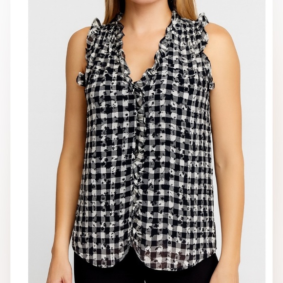 LAUNDRY BY SHELLI SEGAL Women top blouse ruffle Gingham ruffle button up SZ SM - Picture 1 of 11
